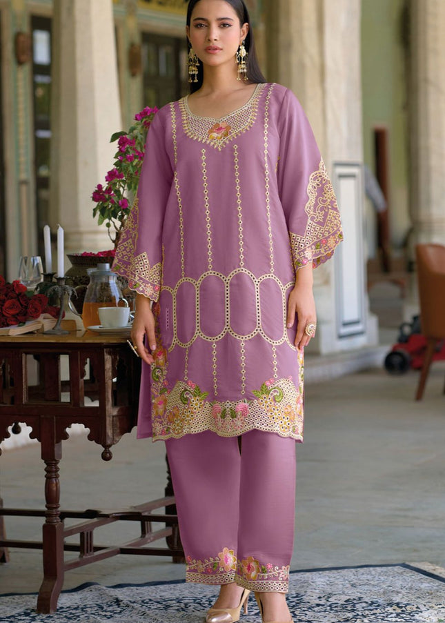 Mauve Embroidered Pant Style Suit