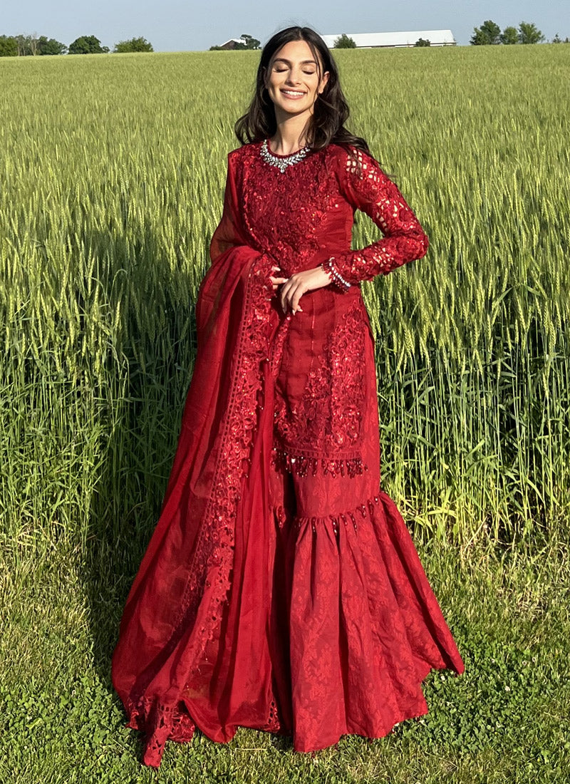maria b red chiffon dress MARIA B chiffon dress Ready to wear all sizes available For order and more details please World wide shipping Available.. +923218936533 text me at