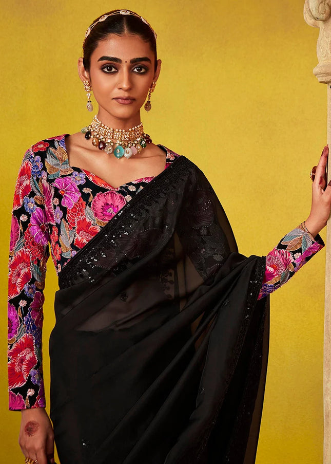 Black and Pink Embroidered Festive Saree