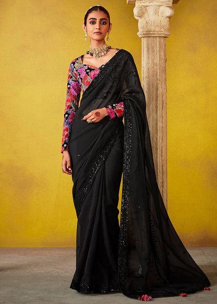 Black and Pink Embroidered Festive Saree