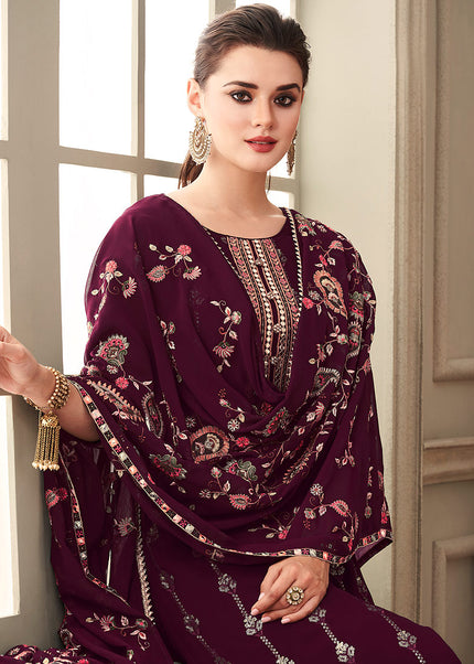 Purple and Gold Embroidered Palazzo Suit