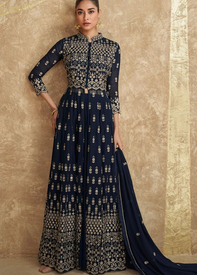 Blue Embroidered Jacket Style Sharara Suit