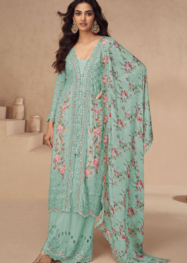 Sea Green Embroidered Palazzo Suit