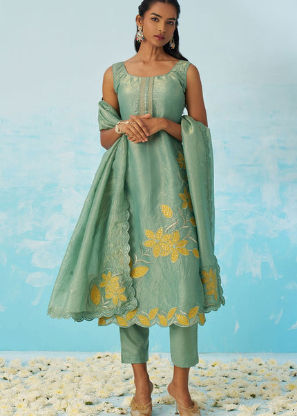 Sea Green Embroidered Pant Suit