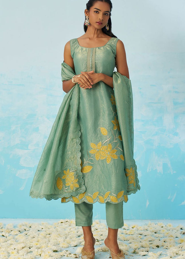 Sea Green Embroidered Pant Suit