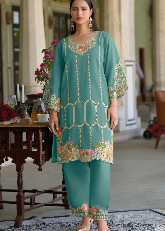 Teal Embroidered Pant Style Suit