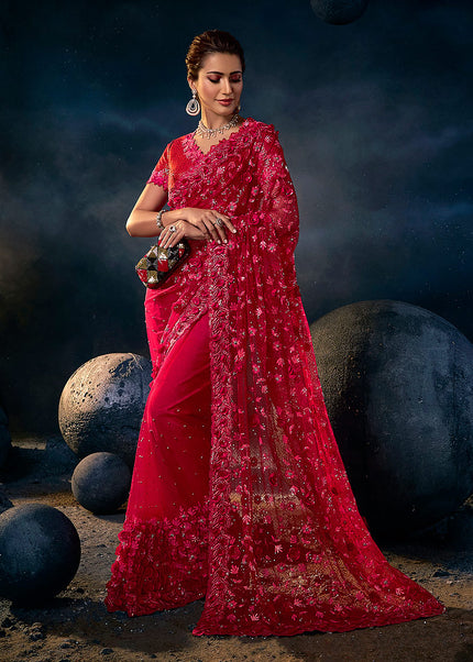 Red Floral Embroidered Saree