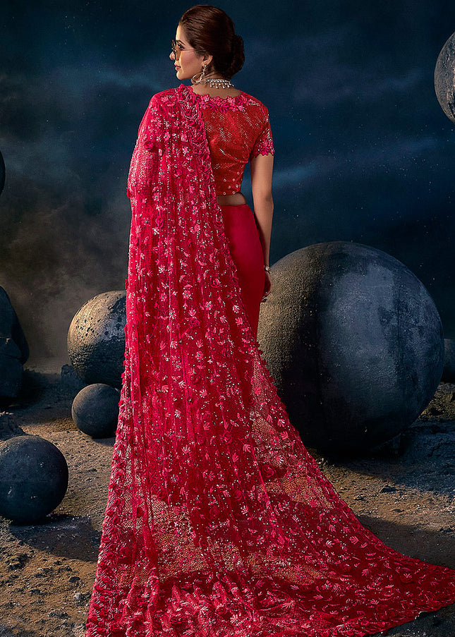 Red Floral Embroidered Saree