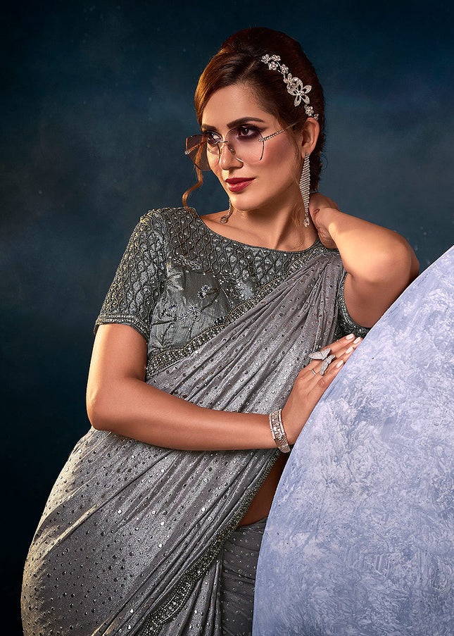 Grey and Gold Embroidered Saree