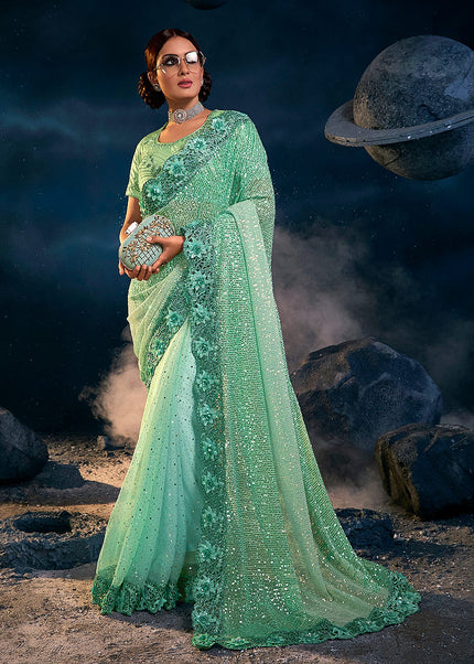 Sea Green Embroidered Saree