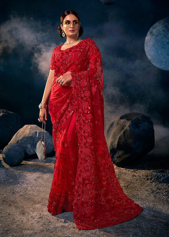 Red Embroidered Saree