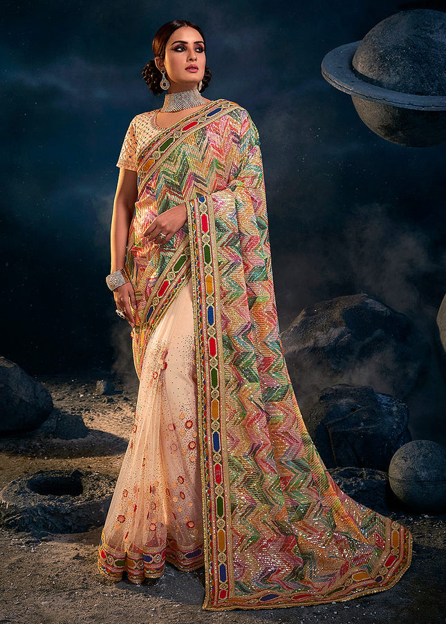 Peach Multicolor Embroidered Saree