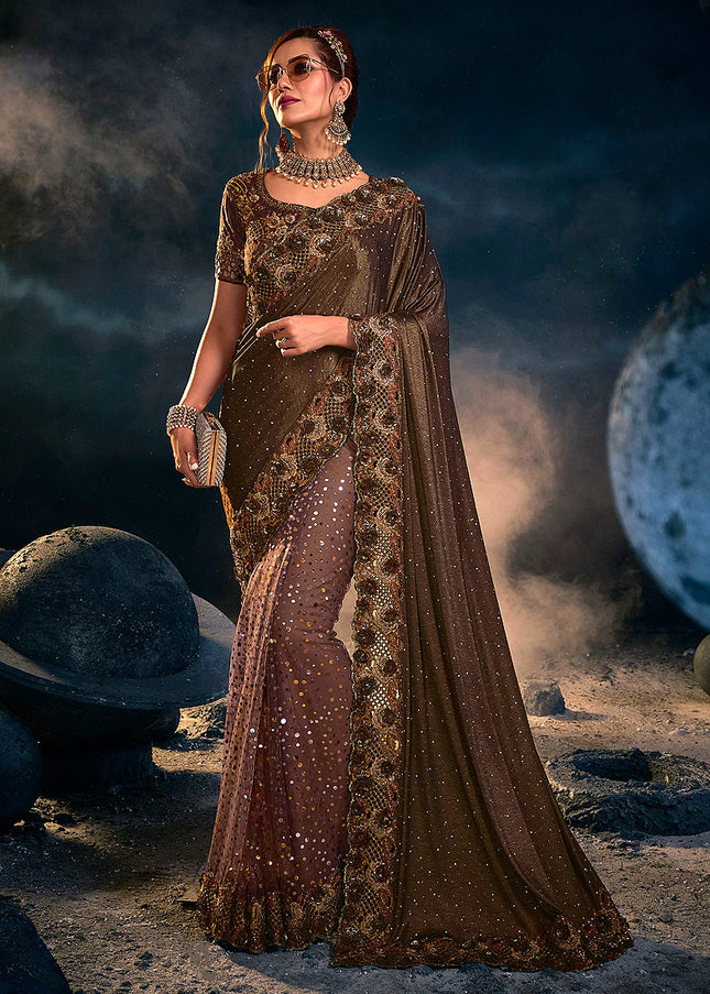 Dark Brown Embroidered Saree