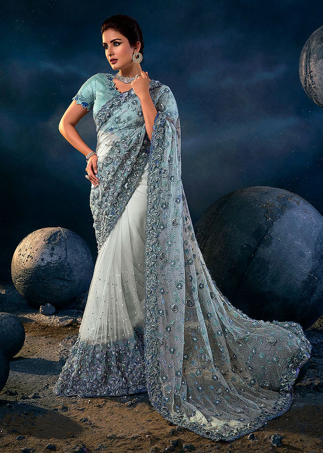 Grey and Blue Embroidered Saree