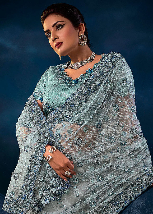 Grey and Blue Embroidered Saree