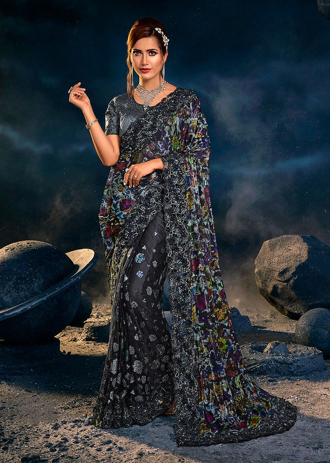 Black Multicolor Embroidered Saree