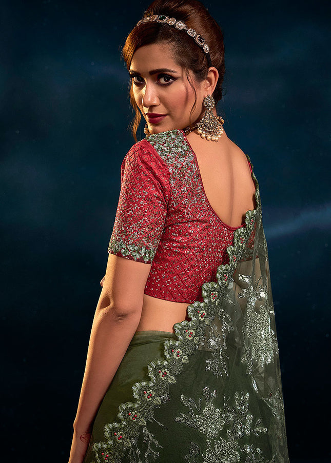 Green and Red Embroidered Saree