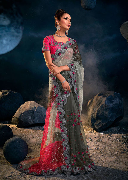 Grey and Pink Embroidered Saree