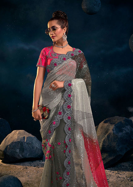 Grey and Pink Embroidered Saree