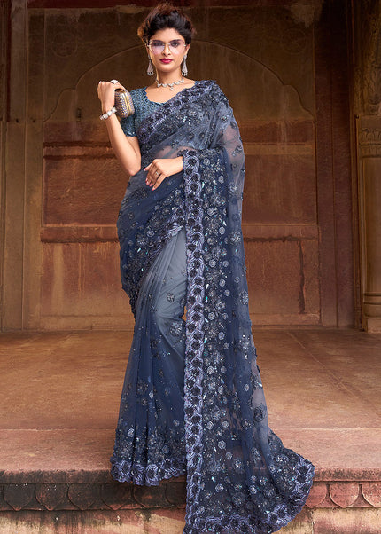 Blue Grey Embroidered Saree