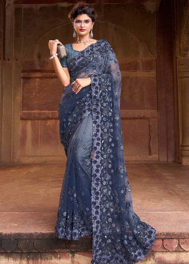 Blue Grey Embroidered Saree