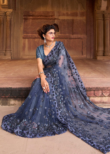 Blue Grey Embroidered Saree