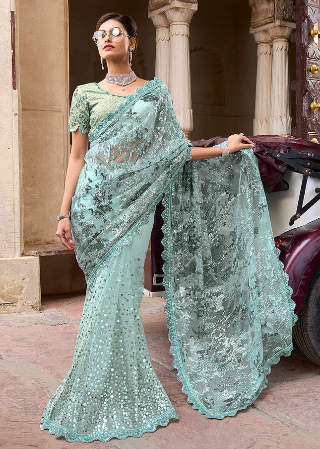 Sea Green Embroidered Saree