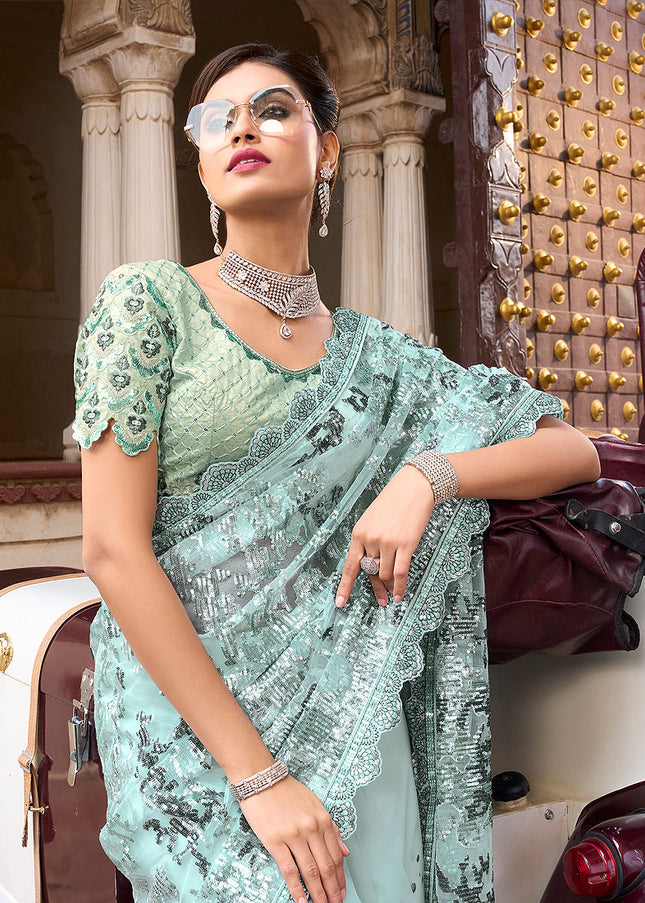 Sea Green Embroidered Saree