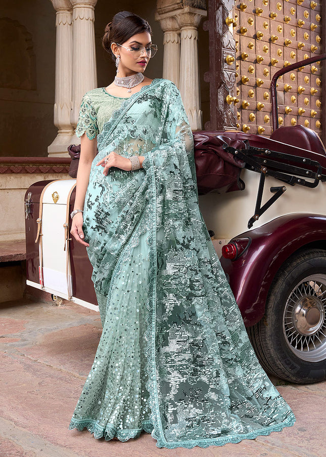 Sea Green Embroidered Saree