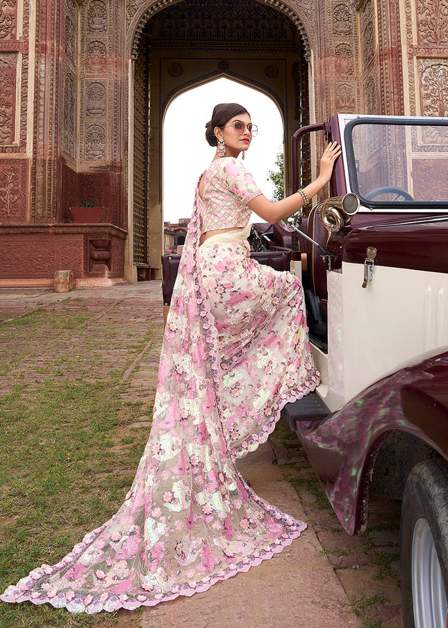 Cream and Pink Embroidered Saree