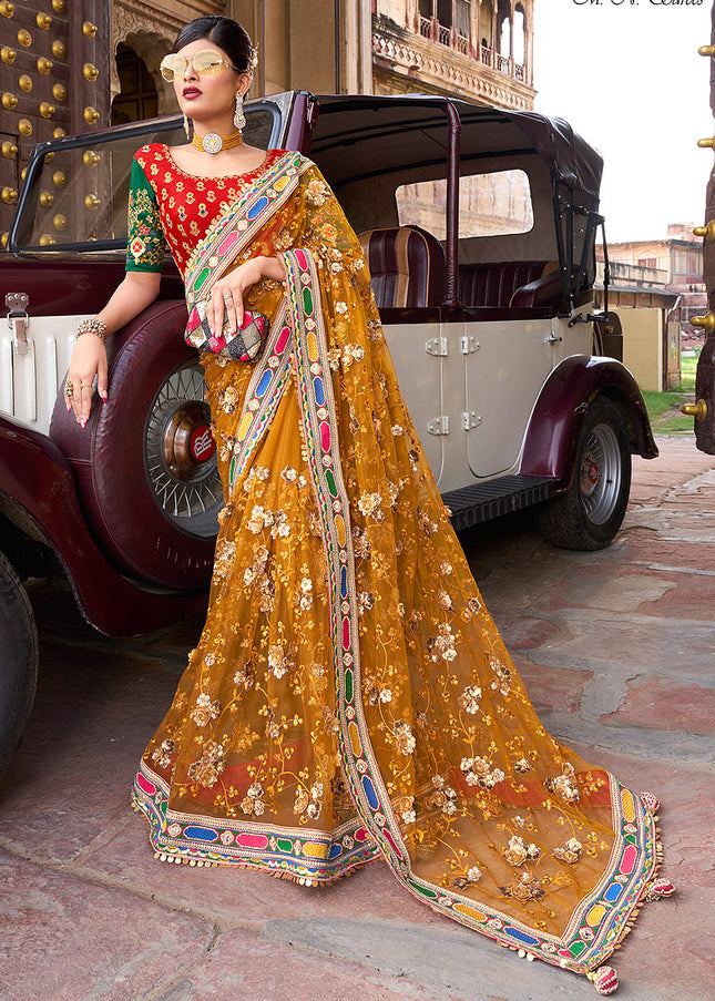 Mustard and Red Embroidered Saree