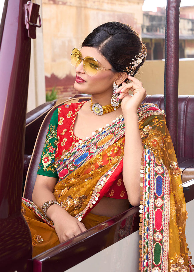 Mustard and Red Embroidered Saree