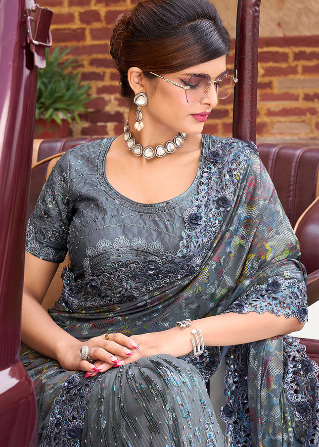 Grey Embroidered Saree