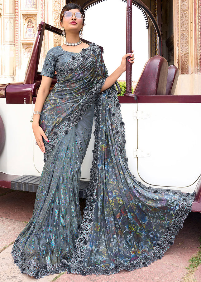 Grey Embroidered Saree