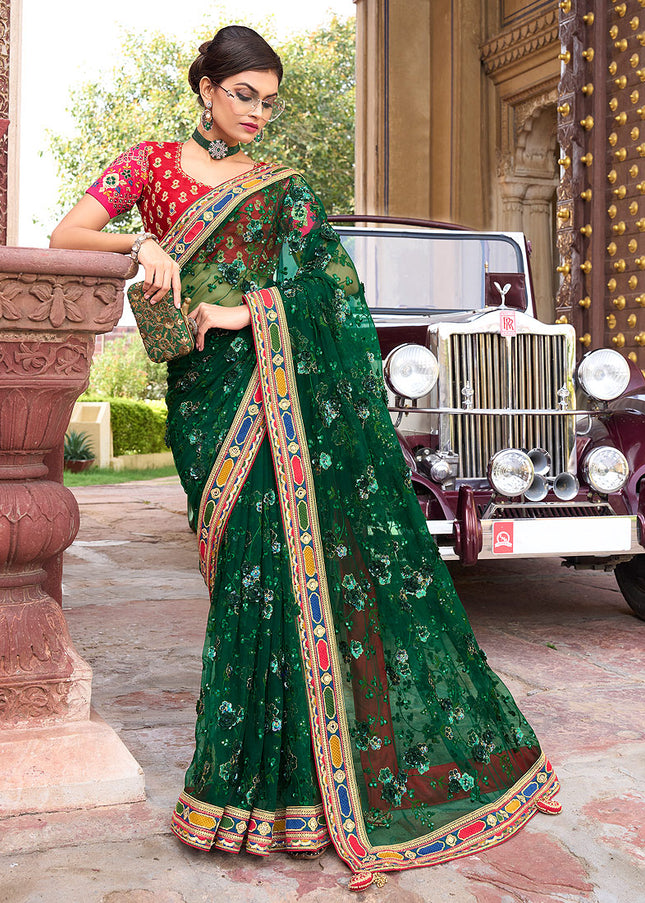 Green and Red Embroidered Saree