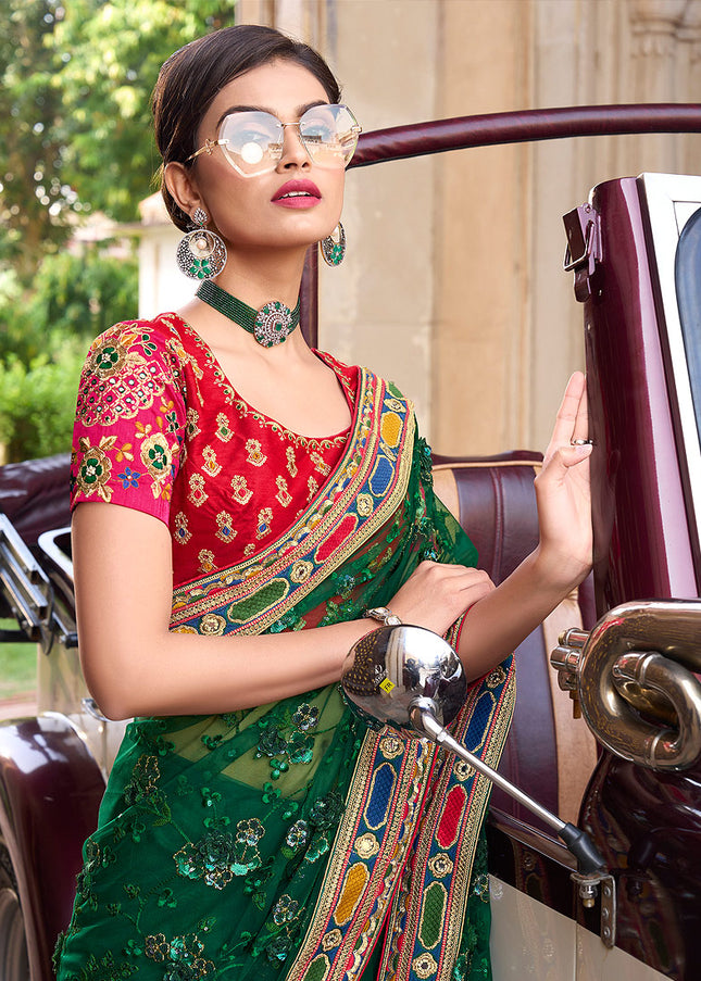 Green and Red Embroidered Saree