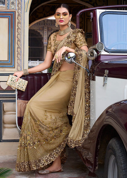 Beige and Gold Embroidered Saree