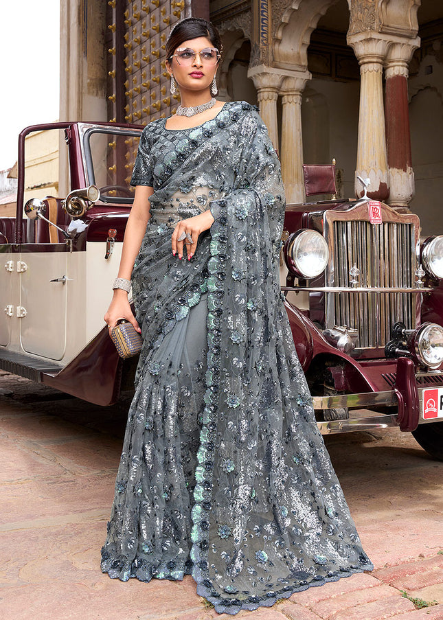 Grey Floral Embroidered Saree