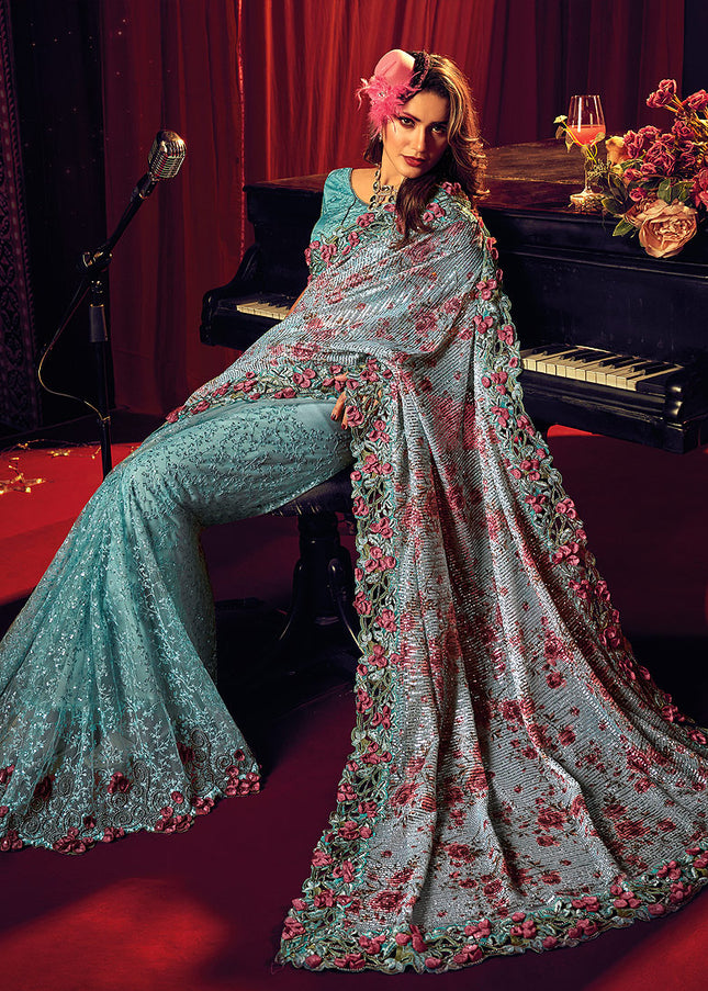 Sea Green Floral Embroidered Saree