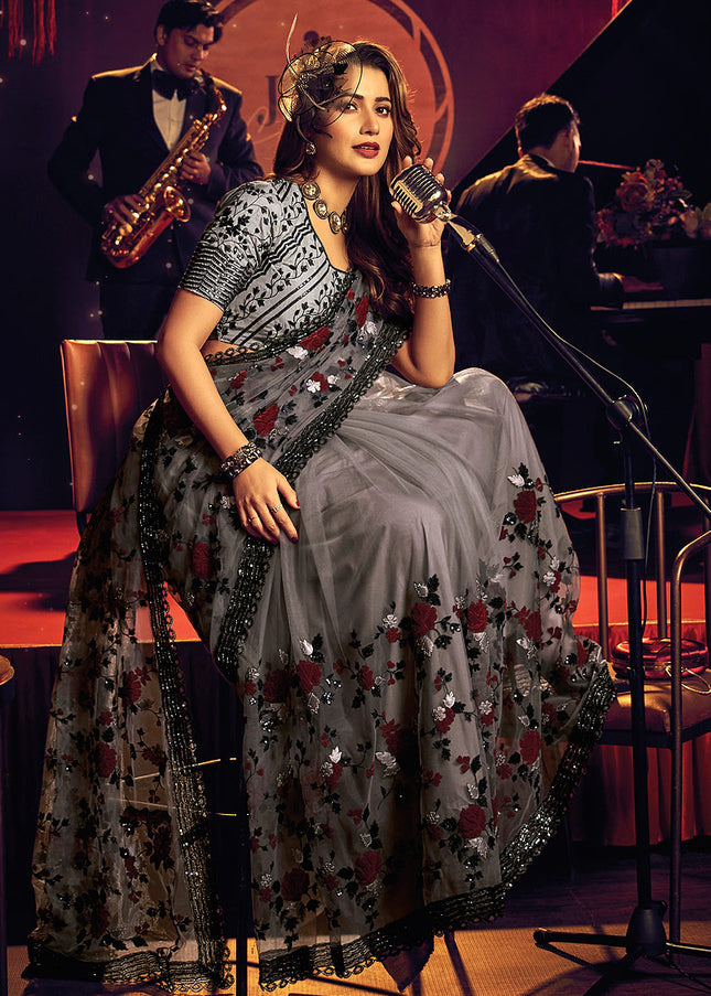 Grey Floral Embroidered Saree