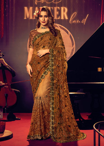 Mustard and Gold Embroidered Saree
