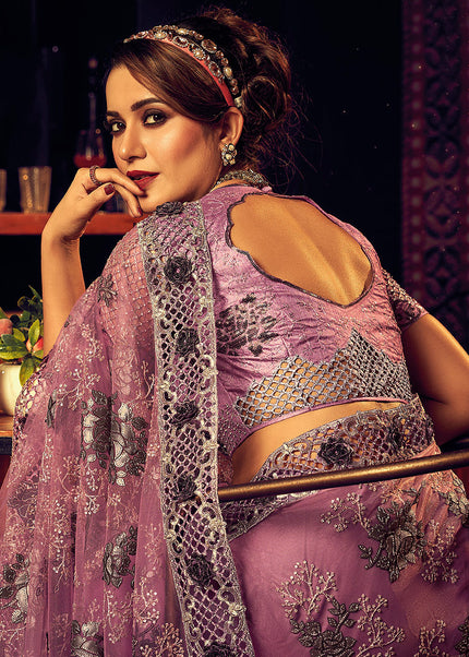 Pink and Black Embroidered Saree