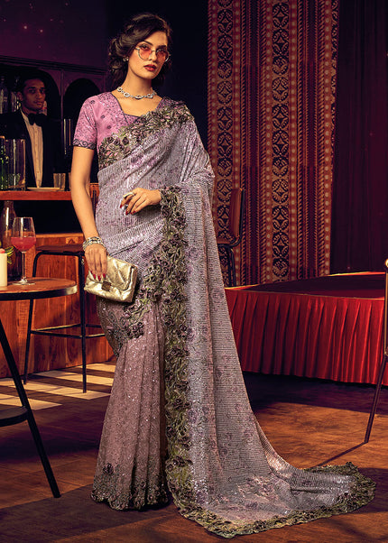 Purple and Grey Embroidered Saree