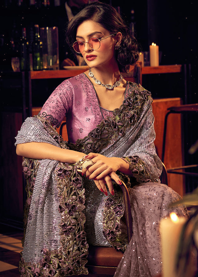 Purple and Grey Embroidered Saree