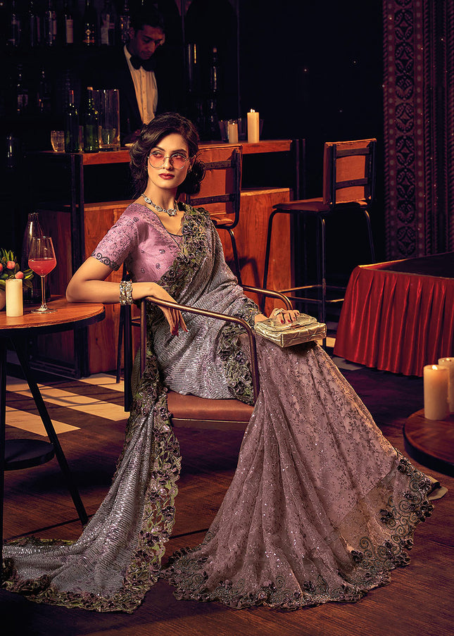 Purple and Grey Embroidered Saree