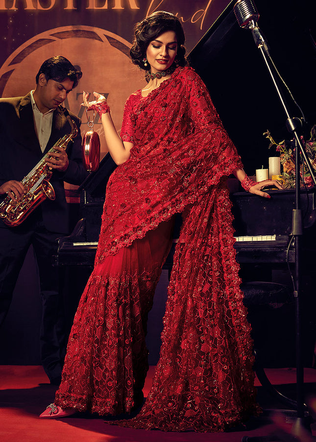 Red Floral Embroidered Saree