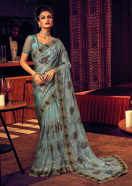 Sky Blue and Gold Embroidered Saree