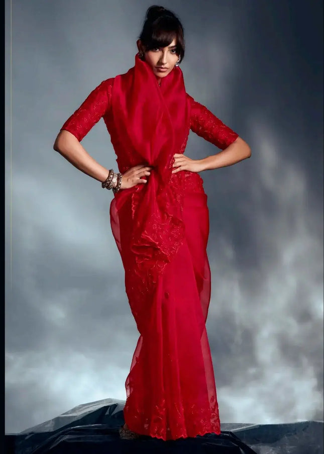 Red Embroidered Wedding Saree