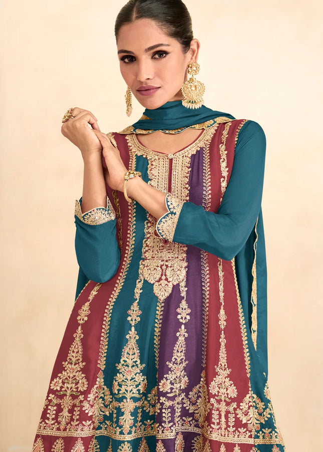 Turquoise Multilcolor Embroidered Sharara Suit