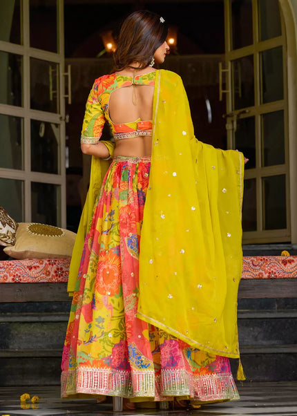 Multicolor Floral Printed and Embroidered Lehenga Choli